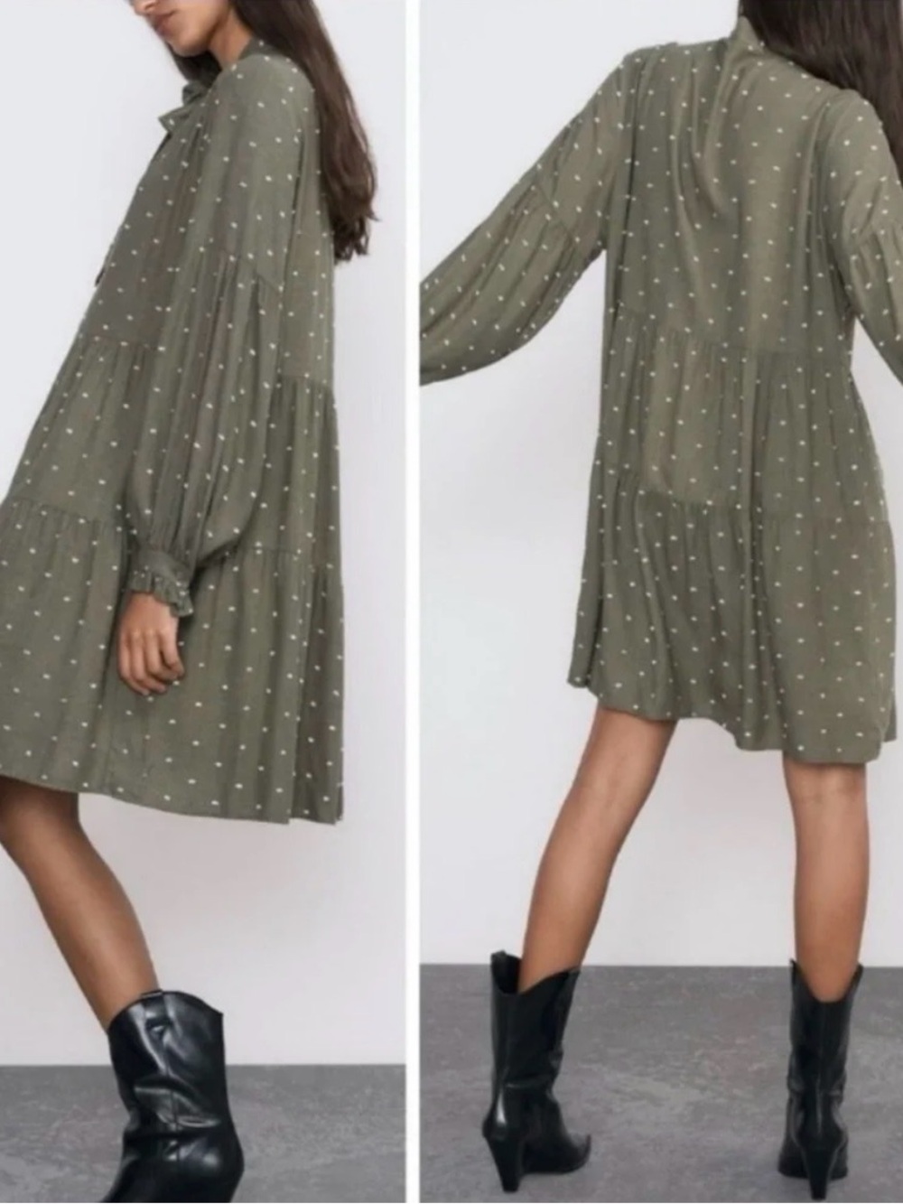 Zara Olive Green Polka Dot Tiered Long-Sleeve Dress XS